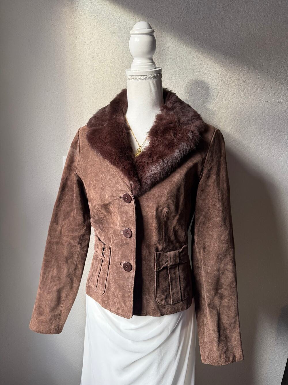 XOXO Vintage Y2k Rabbit Fur Trim Brown Suede Jacket Women's M